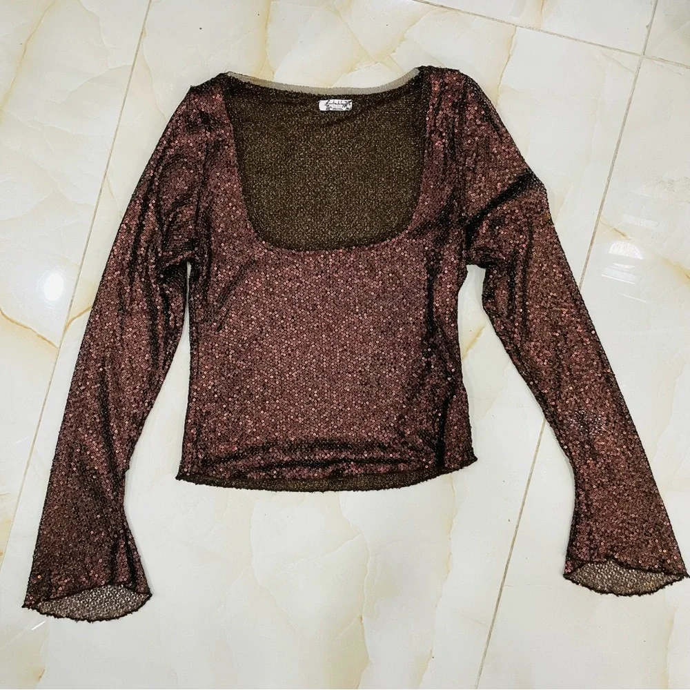 Free People Intimately Free Sheer Brown Sequins Long Bell Sleeve Top Womens XS